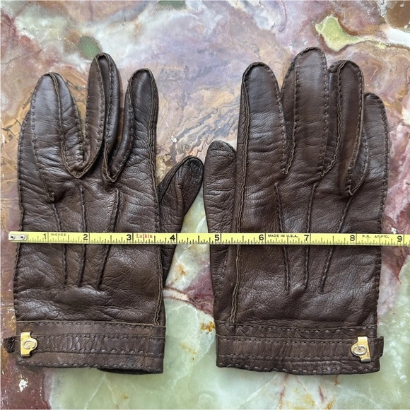 RARE VINTAGE 1970s GUCCI ITALY LADIES DARK BROWN LEATHER GLOVES GOLD LOGO EUC - Picture 5 of 8